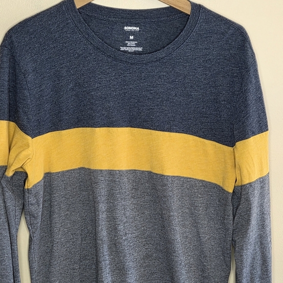Sonoma | Heathered Blue Yellow Striped Colorblock Long Sleeve Tee Size Medium - Picture 3 of 5